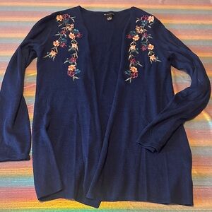 New Directions Floral Embroidered Cardigan - Navy